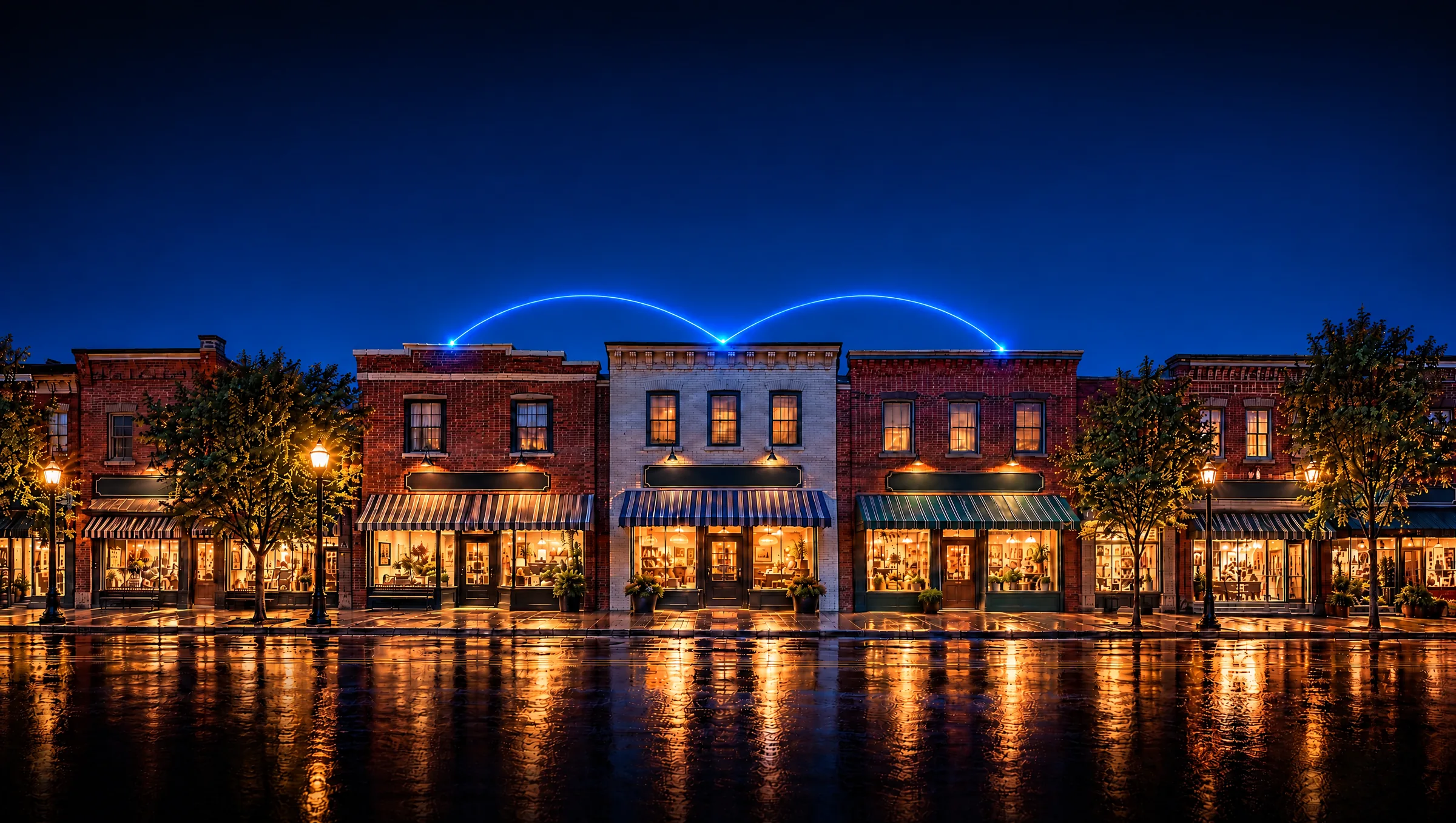 A row of lit storefronts on a rain-wet main street at night, linked across the rooftops by glowing blue network lines