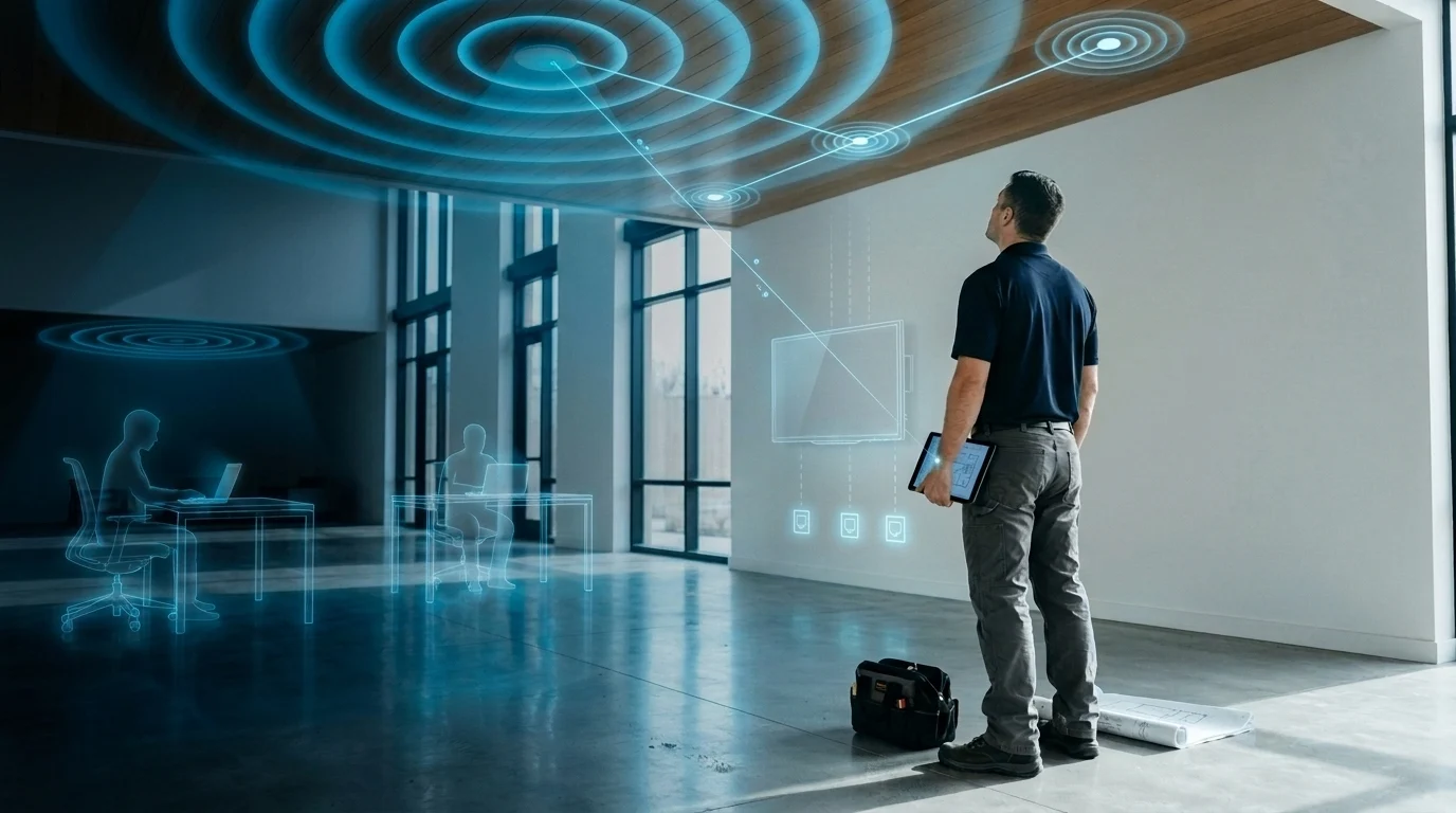 A CDM technician with a tablet reviewing a building's wireless coverage, shown as overlaid access-point rings across the ceiling of an open commercial space