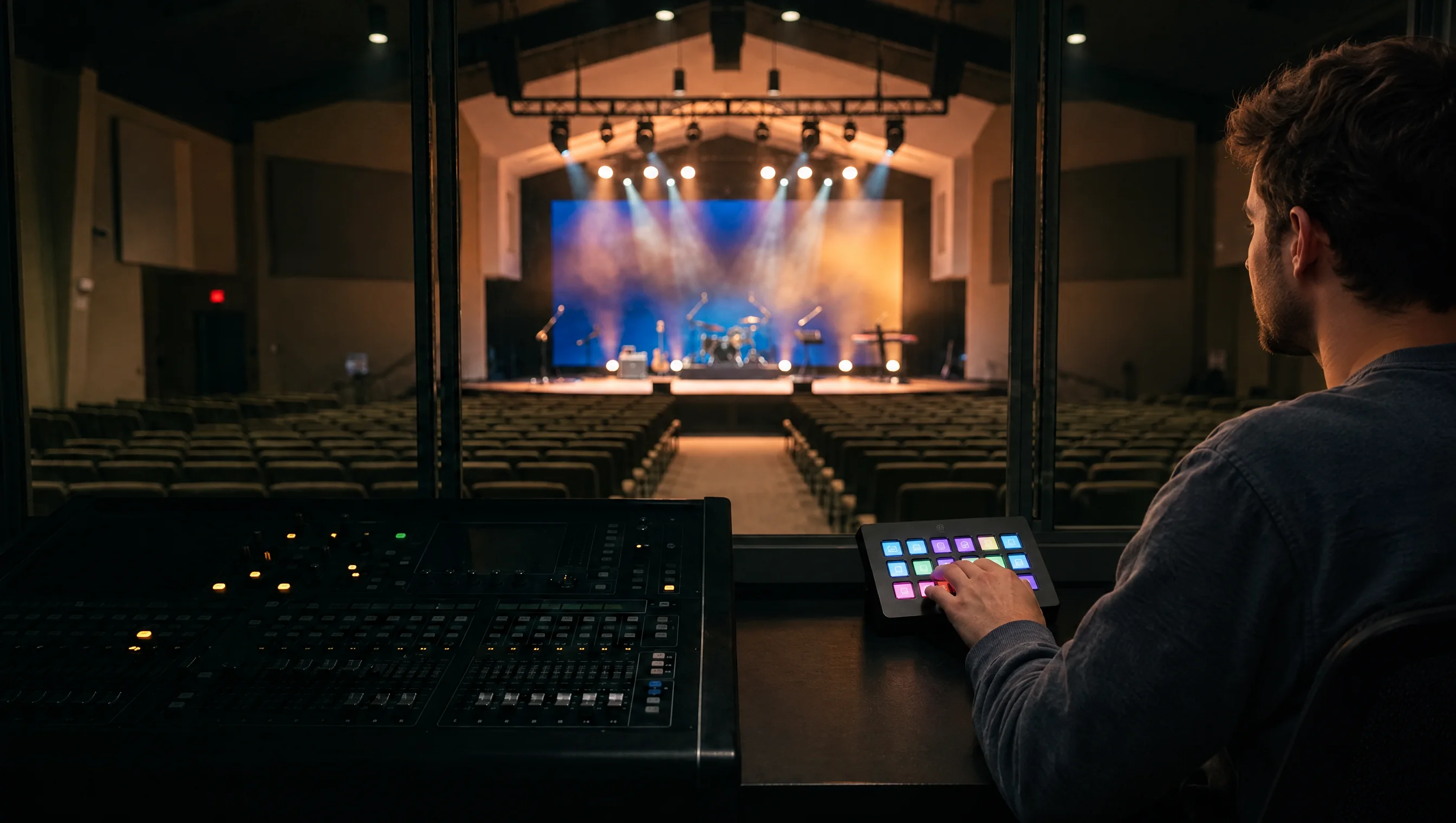 A tech in the booth pressing a button on a control pad beside the mixing console, looking out at a lit stage