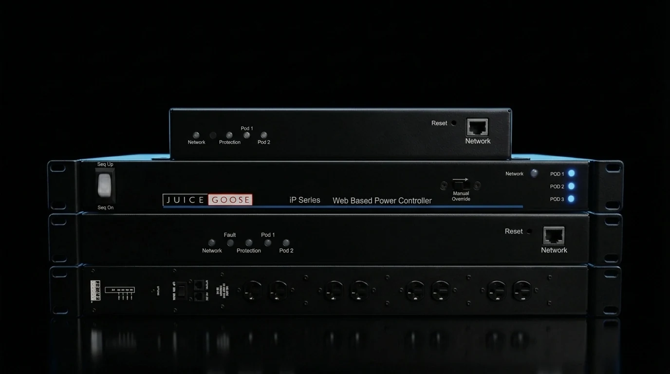 Rack-mounted web-based power controllers stacked on top of each other, with network ports and status lights